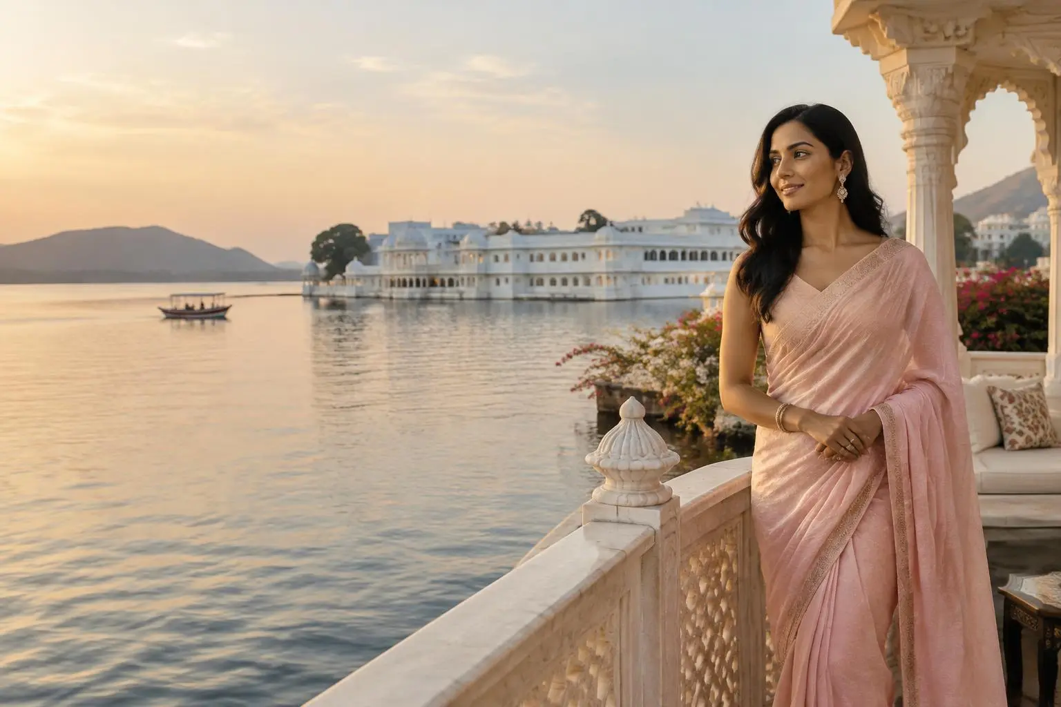 A woman in a blush sari overlooking Lake Pichola and Udaipur lakeside palace